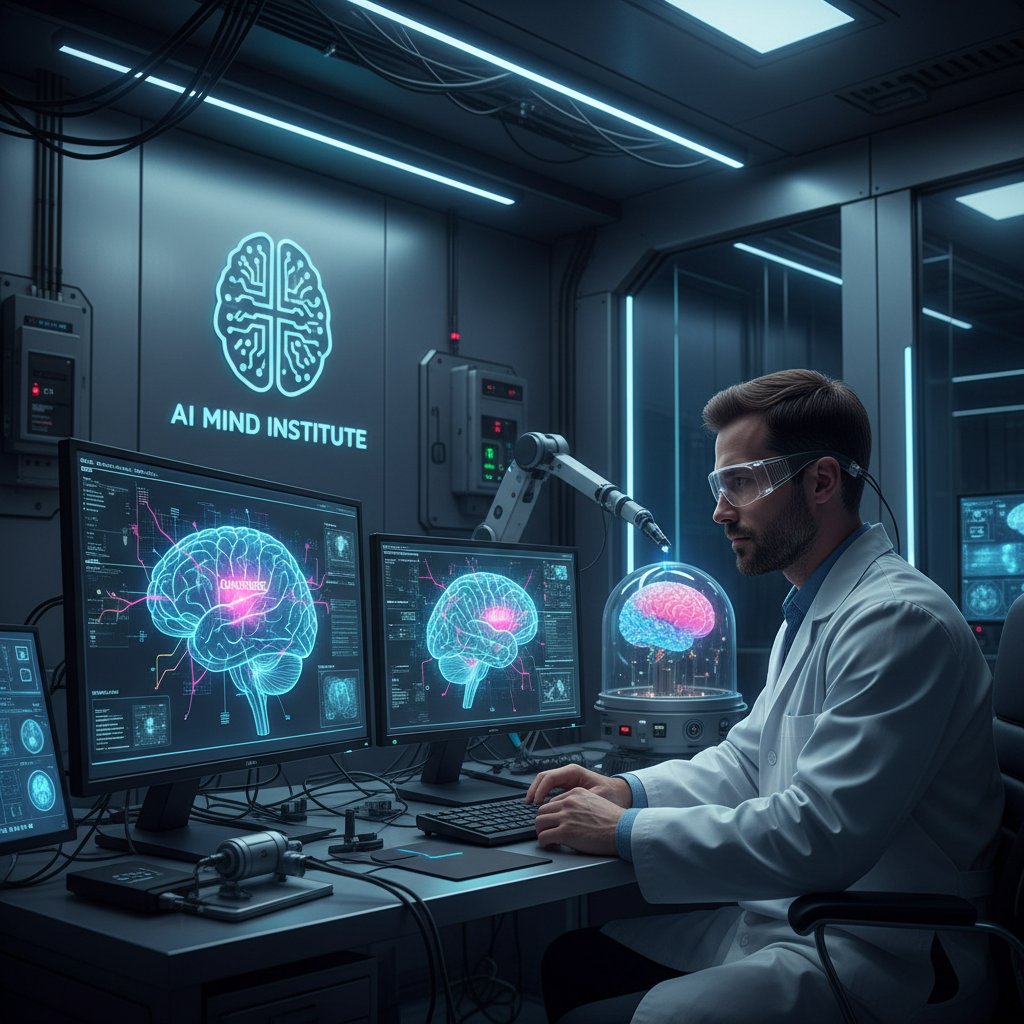 Zdjęcie naukowca pracującego z mózgiem na ekranie, badania nad świadomością i AI