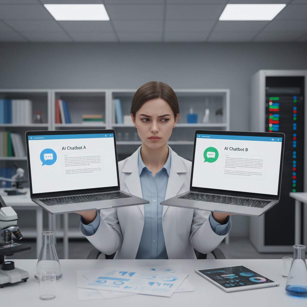 Naukowiec porównujący różne chatboty AI na laptopie