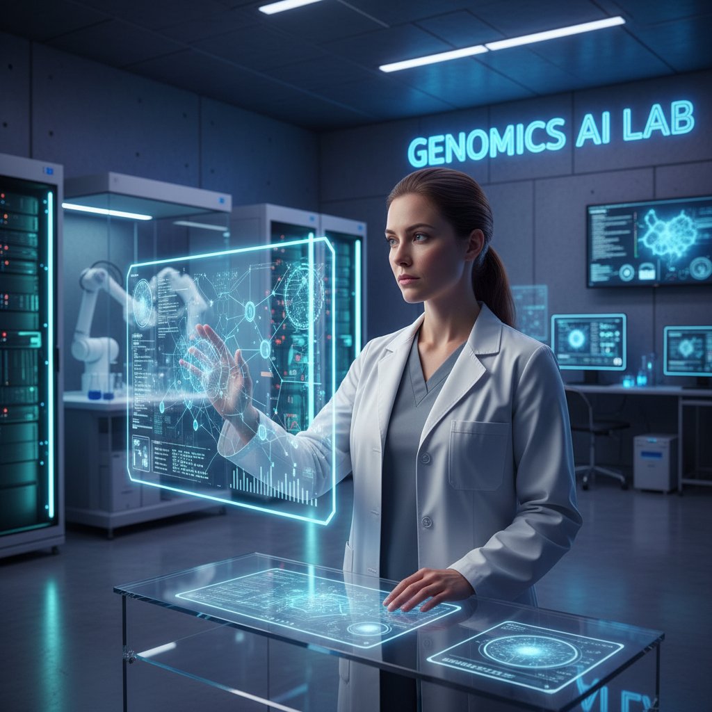 Nowoczesne laboratorium – naukowiec pracuje przy komputerze, ekran z wizualizacją analizy AI