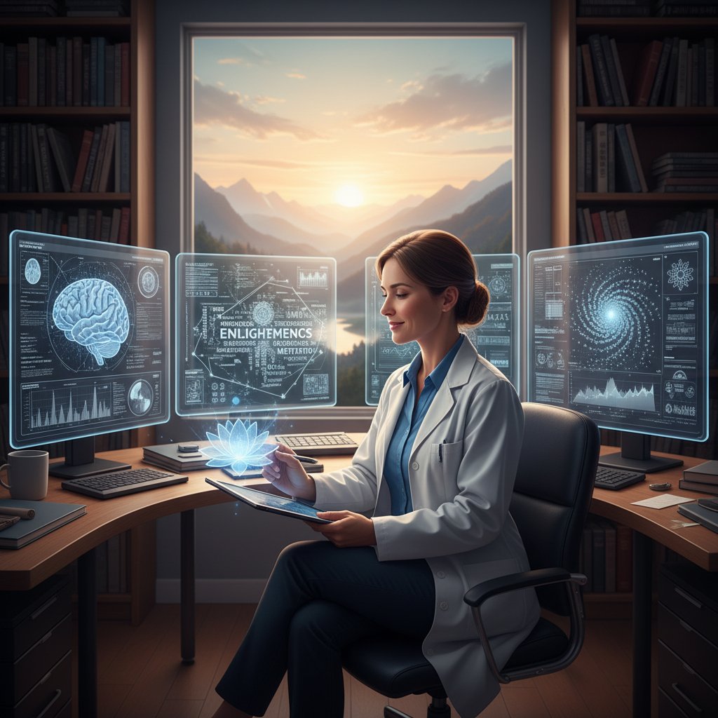 Naukowiec analizujący dane na laptopie, symbol nowoczesnych badań nad przebudzeniem duchowym