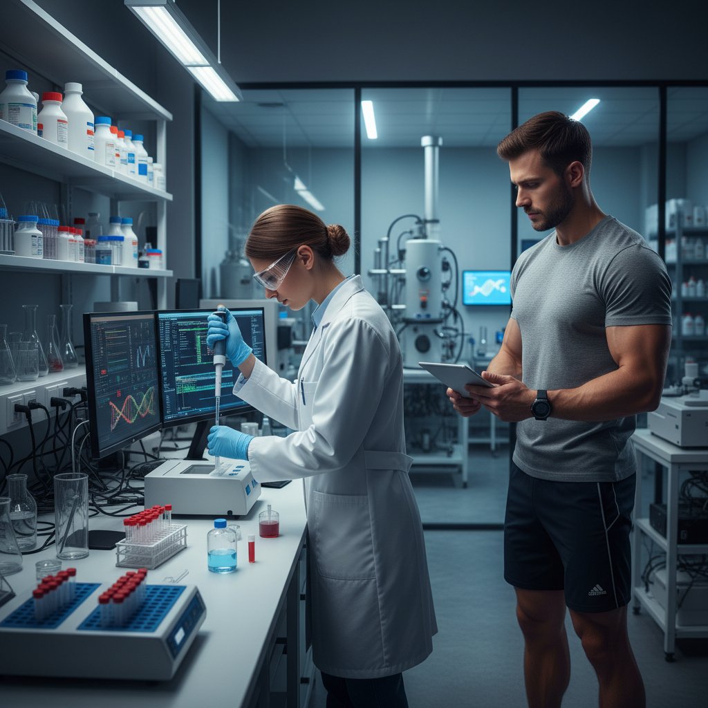 Laboratorium biotechnologiczne, naukowiec analizujący próbki DNA sportowca, nowoczesny sprzęt