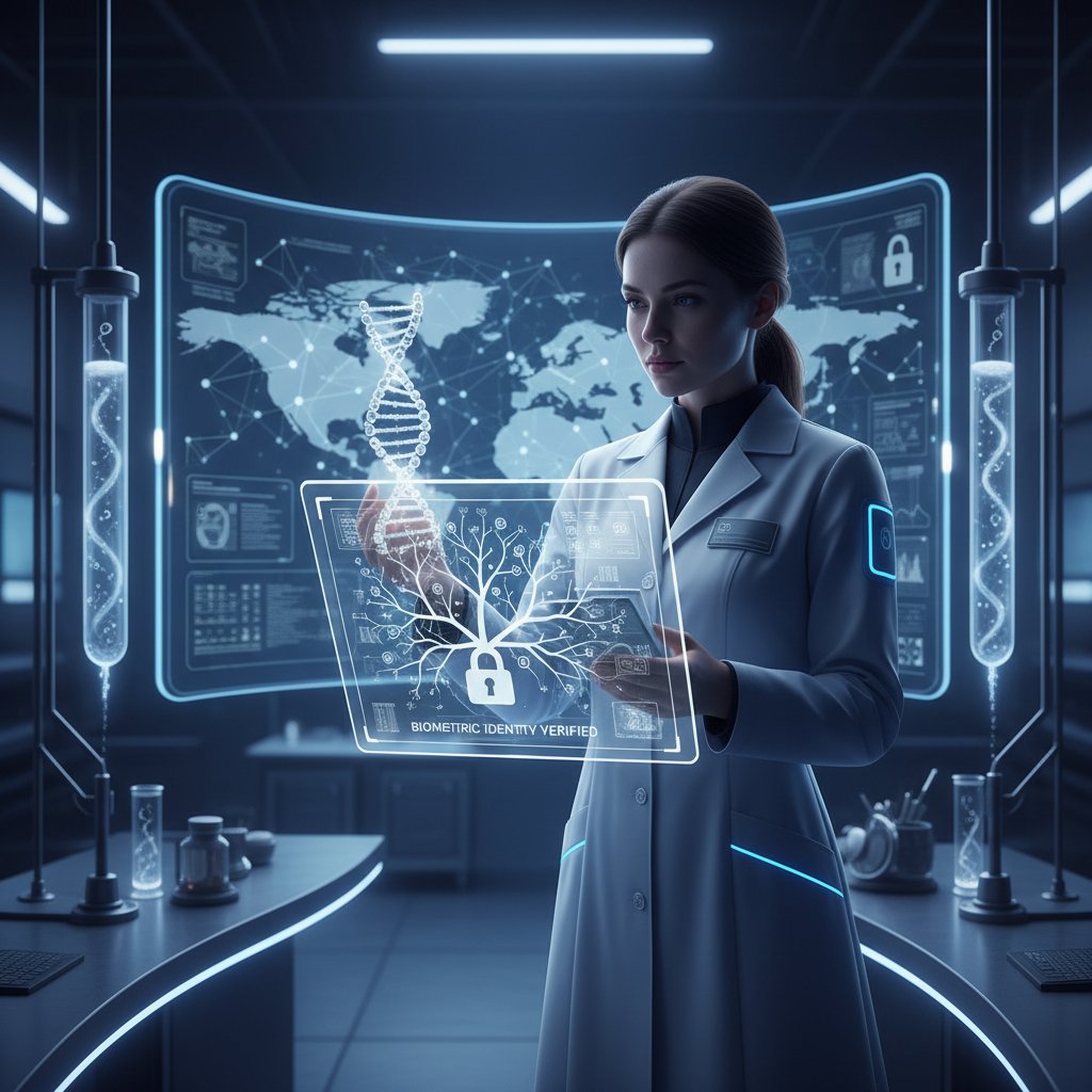 Naukowiec analizujący próbkę DNA w nowoczesnym laboratorium, biometria przyszłości