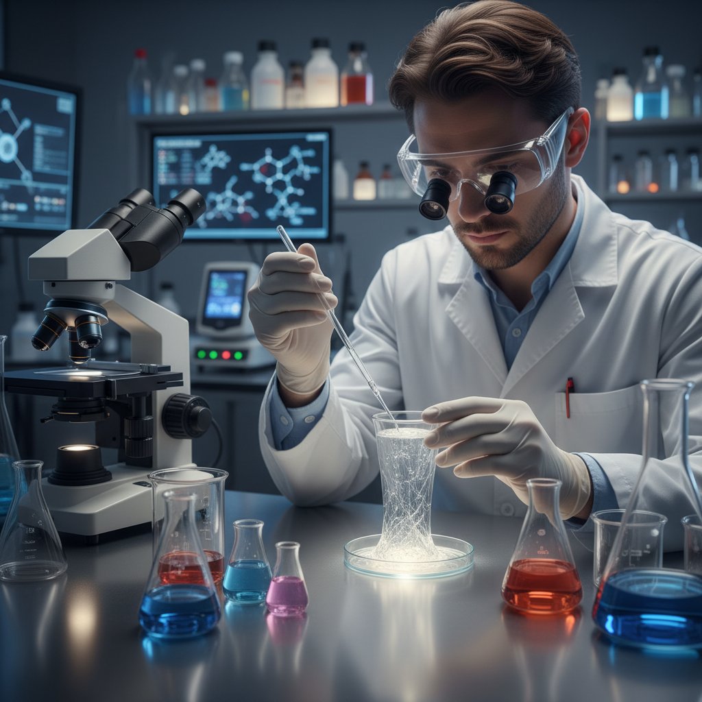 Zdjęcie realistyczne: badanie budowy oka w laboratorium, naukowiec analizuje strukturę ciała szklistego