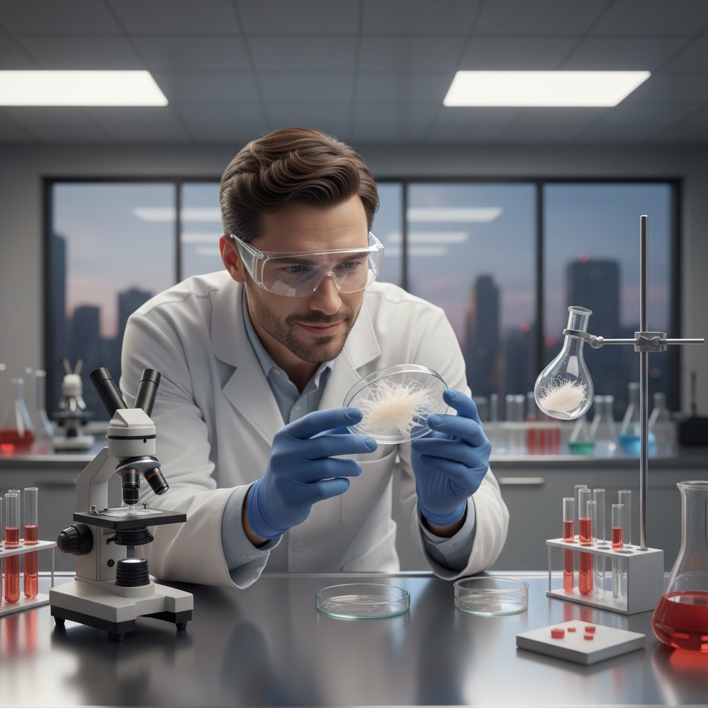 Naukowiec badający próbki keratyny pod mikroskopem w laboratorium medycznym