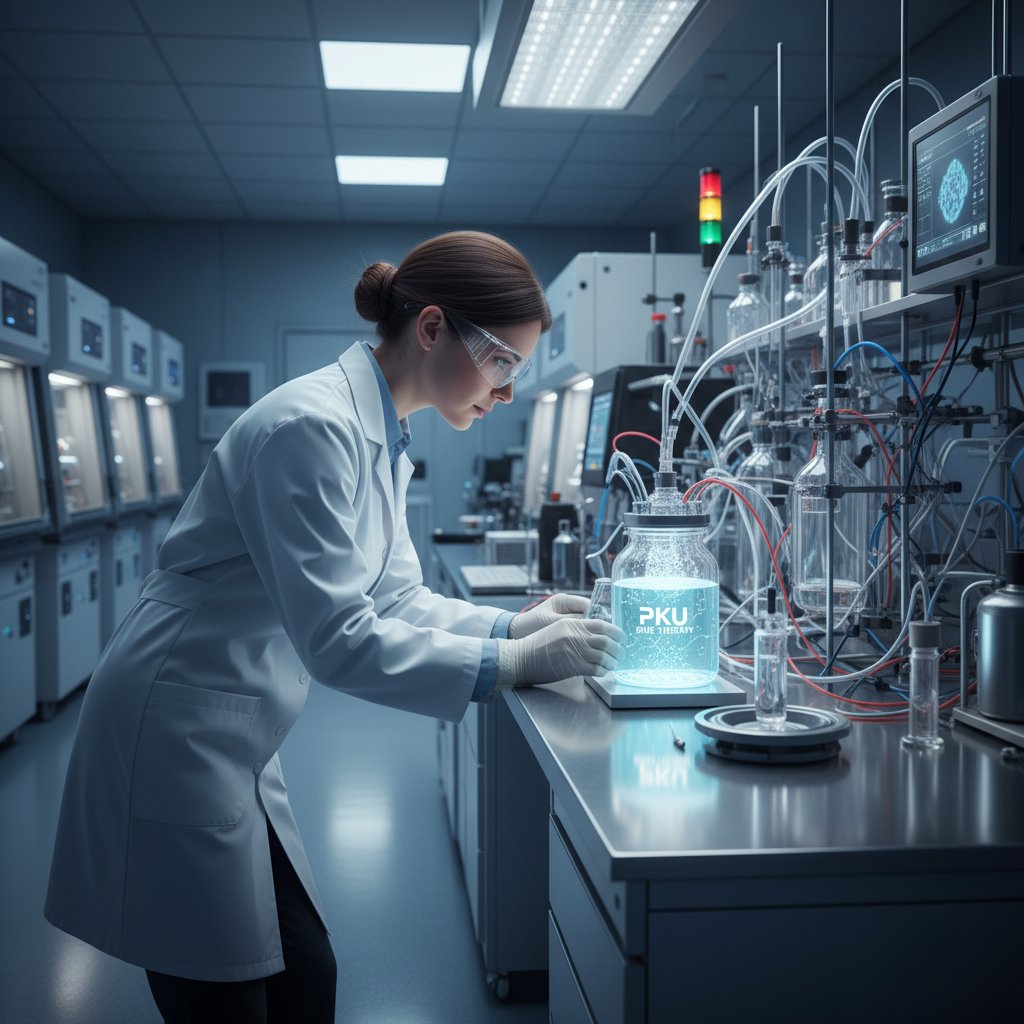 Naukowiec pracuje w laboratorium nad nową terapią PKU, nowoczesny sprzęt, skupienie