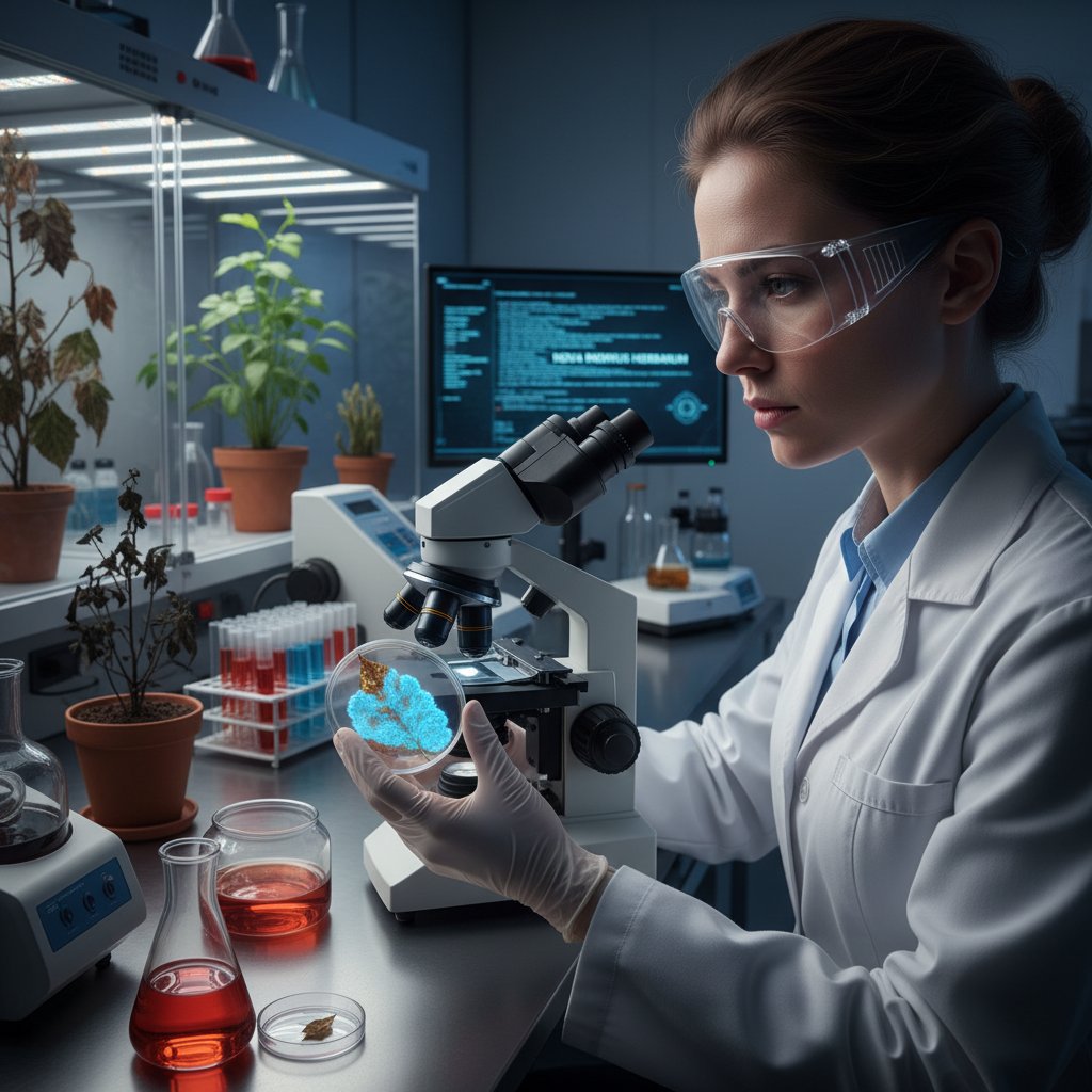 Naukowiec badający nową chorobę roślin w laboratorium