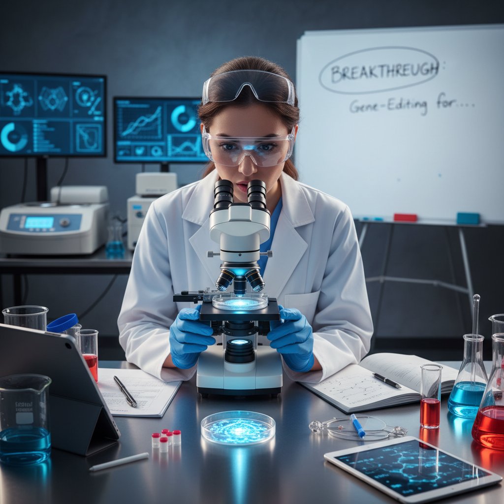 Naukowiec analizujący próbki pod mikroskopem, symbol przełomu w badaniach