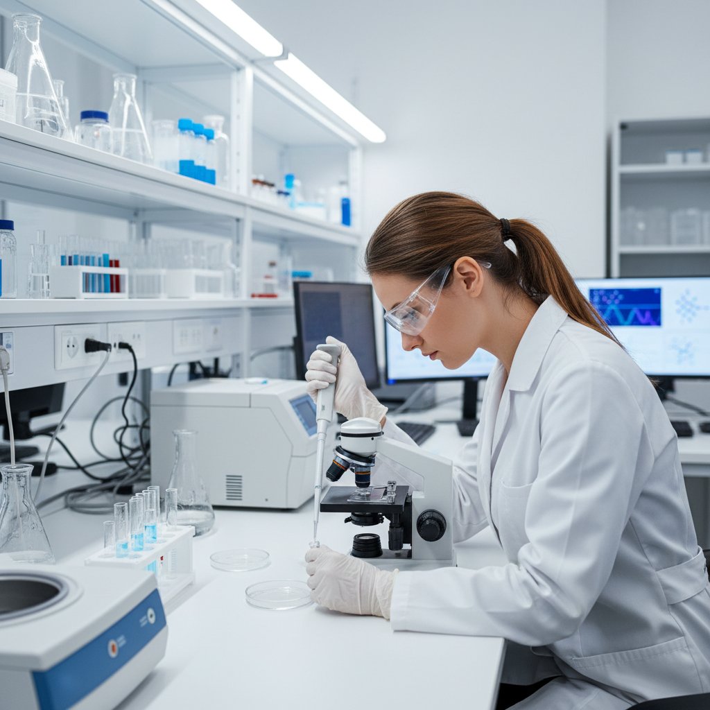 Naukowiec w białym fartuchu analizujący próbkę, laboratorium, nowoczesny sprzęt, słowa kluczowe: adenowirus, badania kliniczne, medycyna