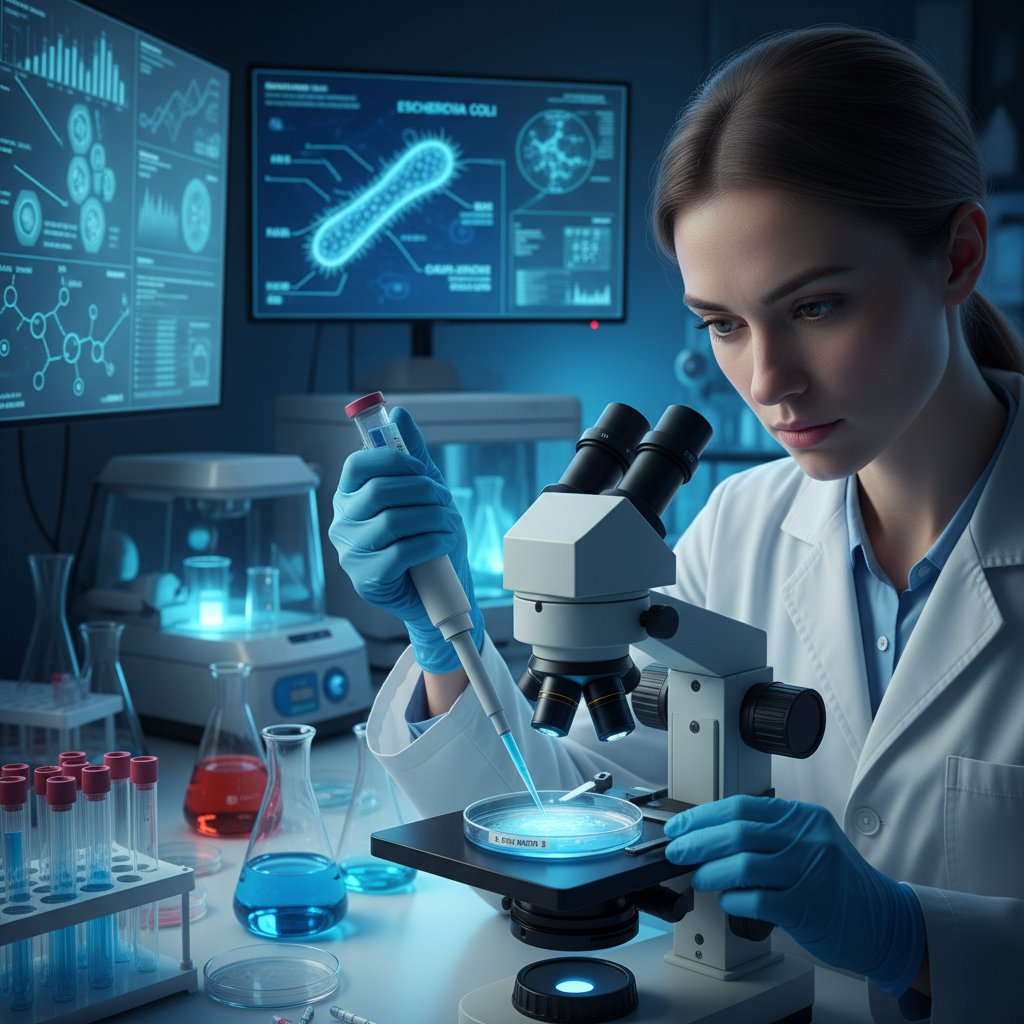 Zdjęcie laboratoryjne: naukowiec analizujący próbkę zawierającą szczepy E. coli