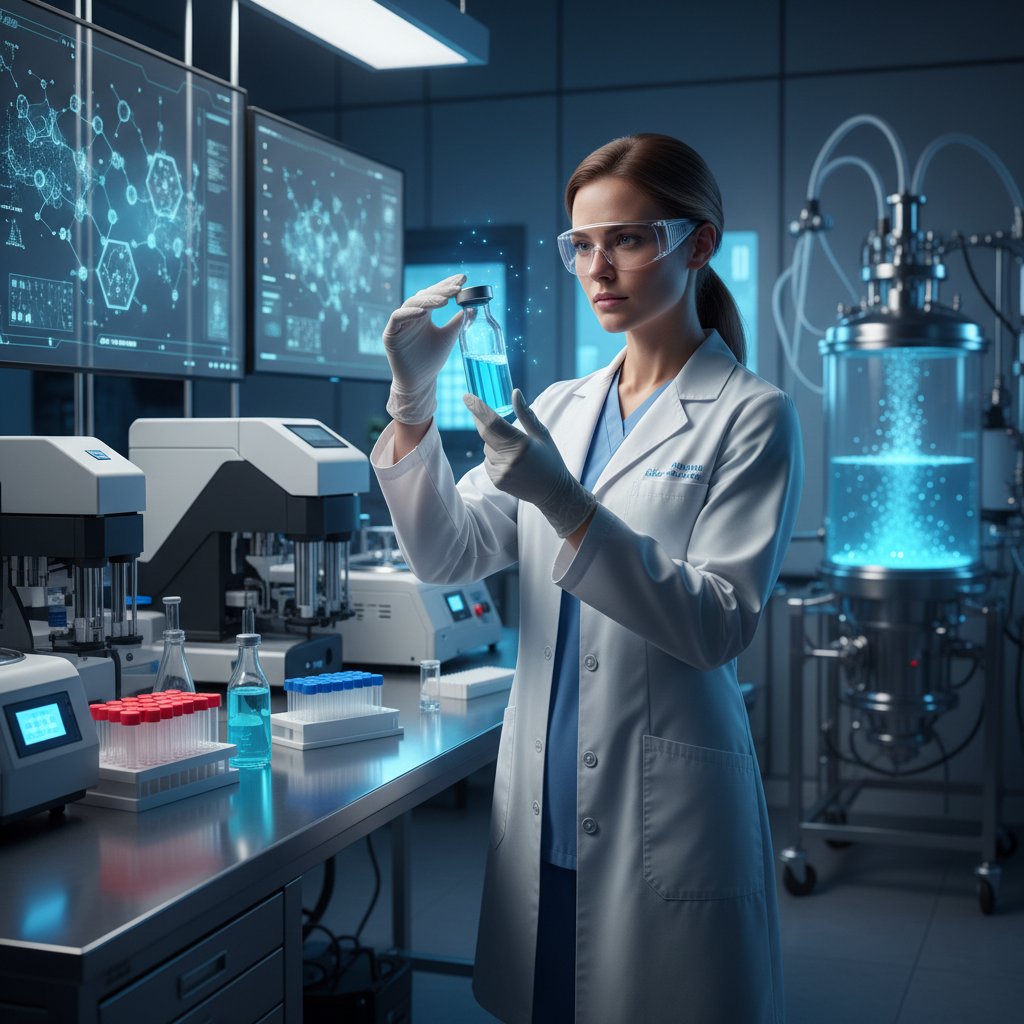 Naukowiec w laboratorium, fiolka z napisem mRNA, nowoczesna technologia