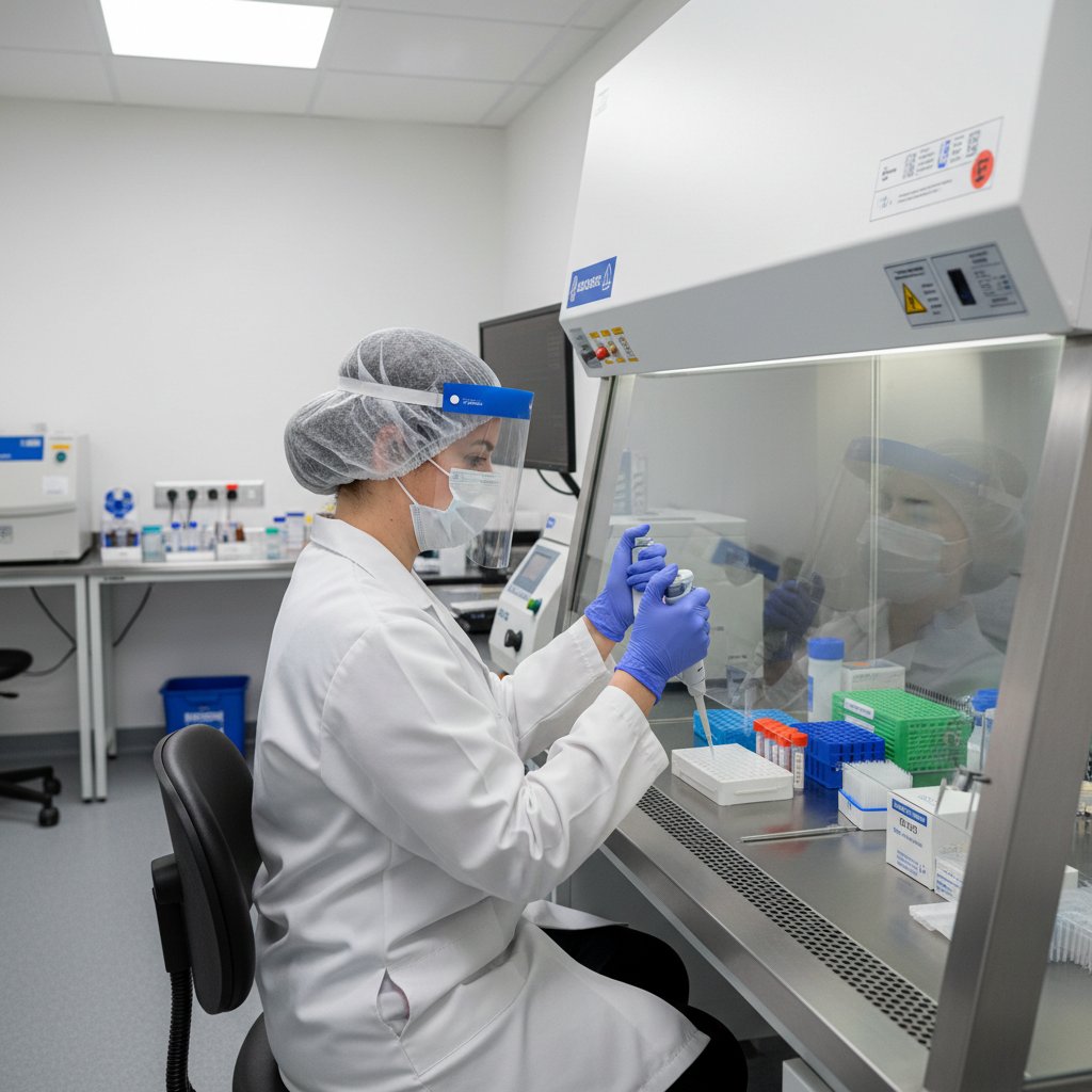 Badaczka w laboratorium analizująca próbki dróg oddechowych