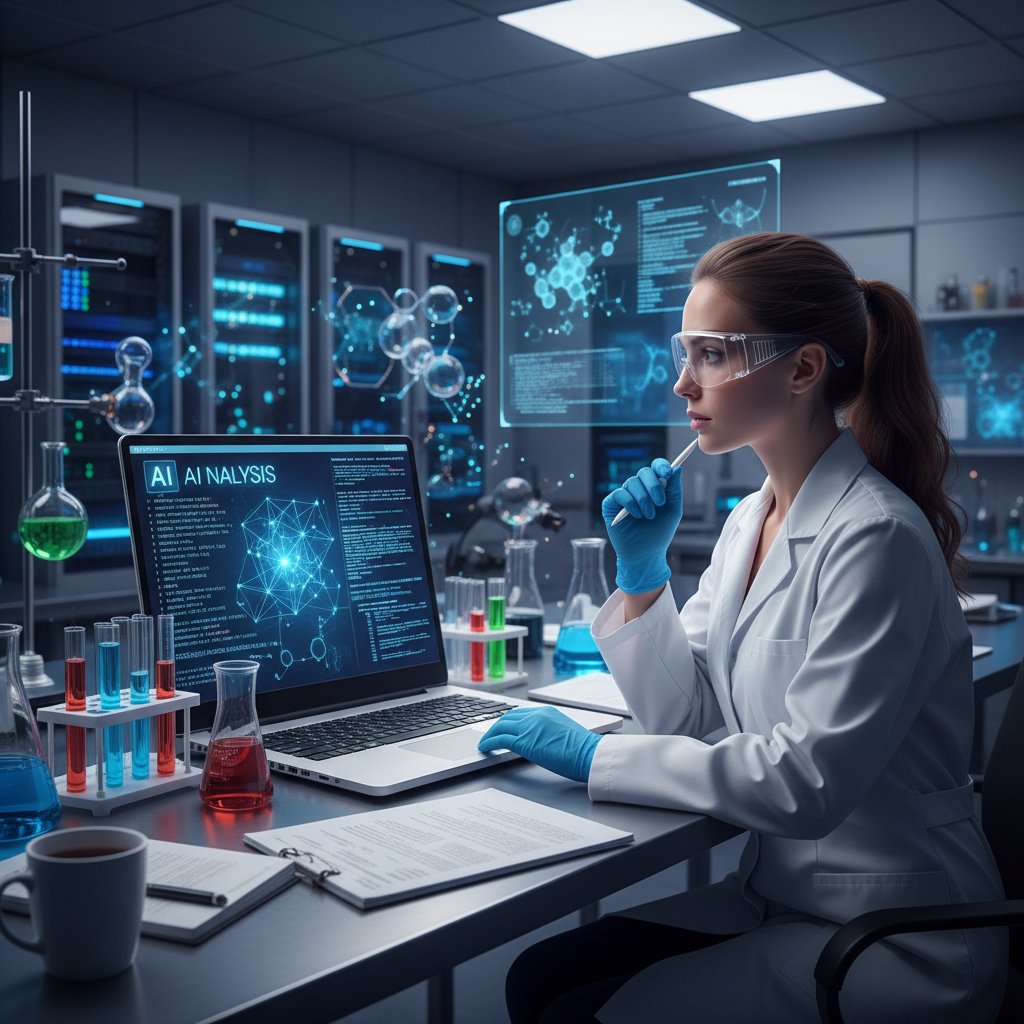 Naukowiec analizujący dane na laptopie, monitor z wykresami AI, laboratorium