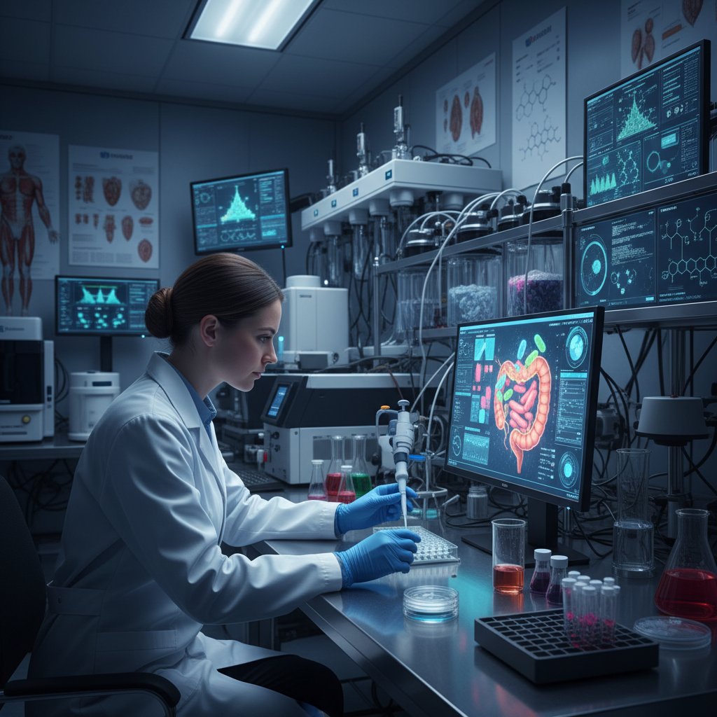 Naukowiec analizujący próbki mikrobiomu w laboratorium, połączenie technologii i medycyny