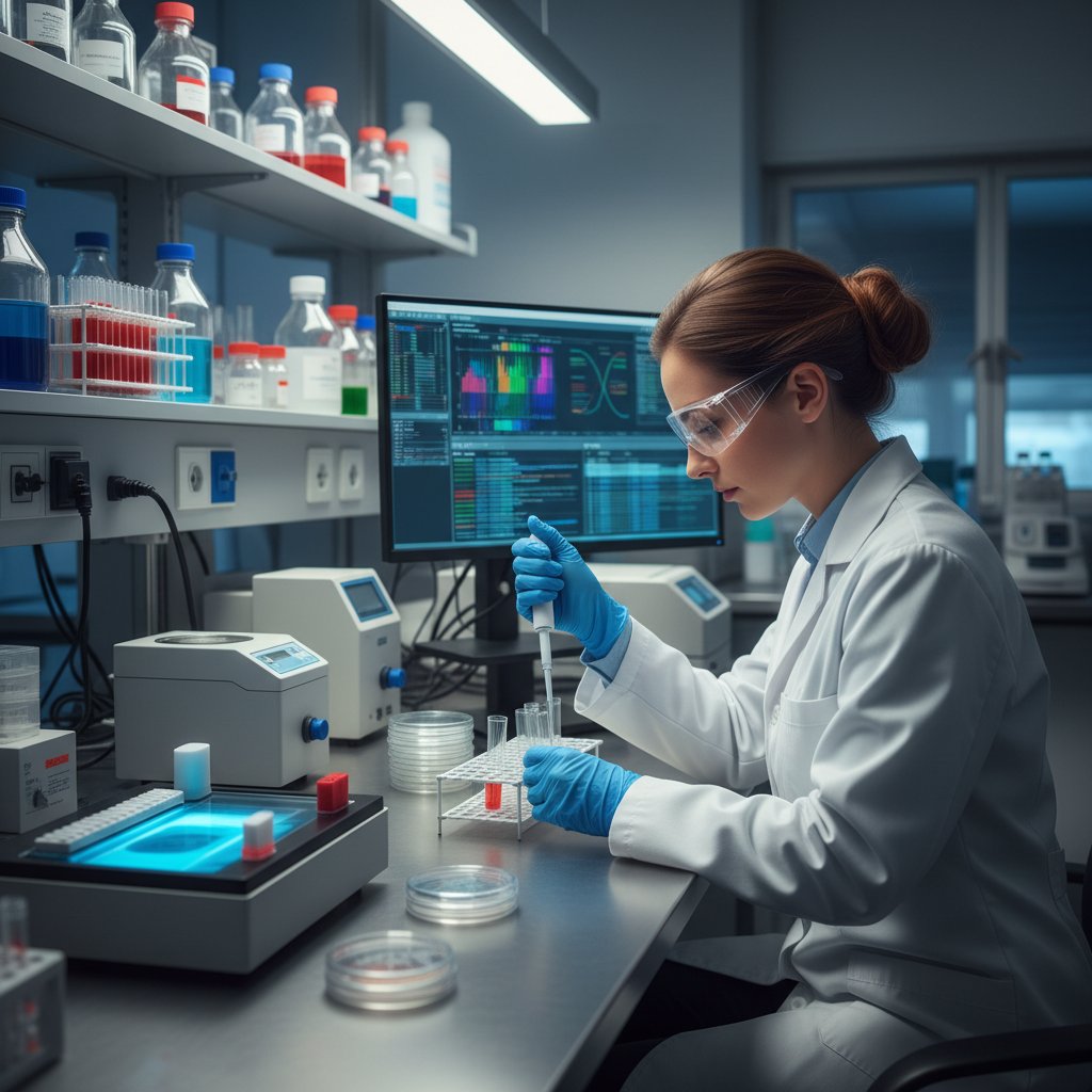 Zdjęcie naukowca analizującego próbki mikrobioty pod mikroskopem laboratoryjnym