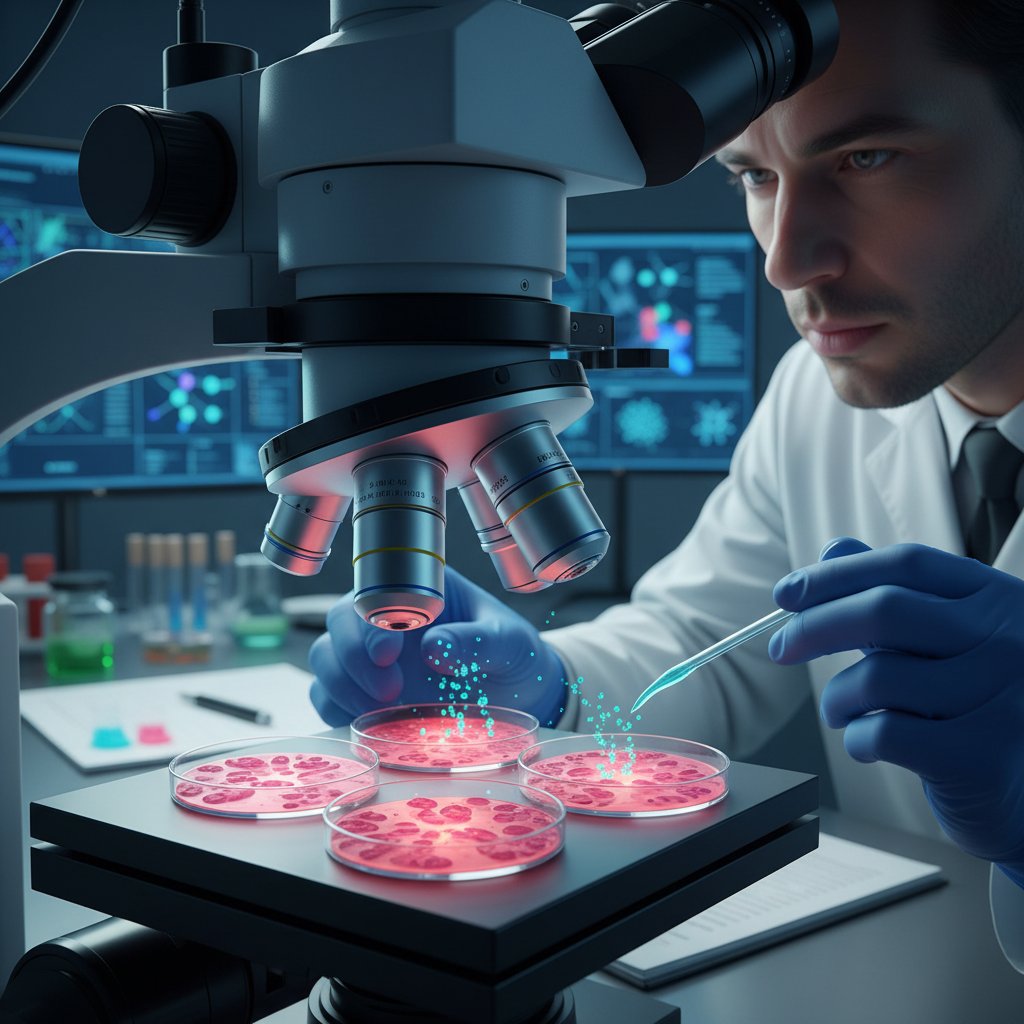Zdjęcie naukowca pod mikroskopem analizującego preparaty nowotworowe – w tle ekran z wizualizacją reakcji enzymatycznych