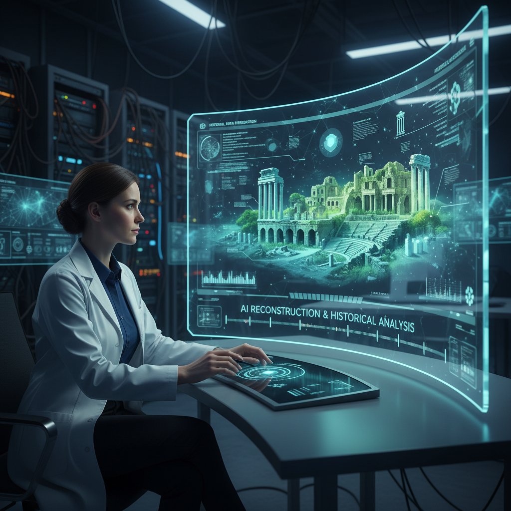 Naukowiec analizujący rekonstrukcję historyczną na monitorze z wykorzystaniem AI