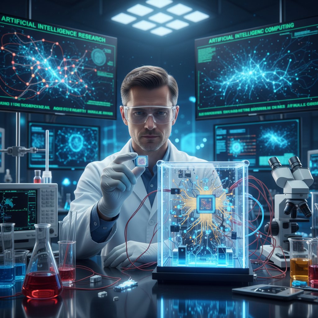 Naukowiec pracujący przy mikroczipie neuromorficznym w laboratorium. Tematyka: neuromorficzne układy, AI emocje