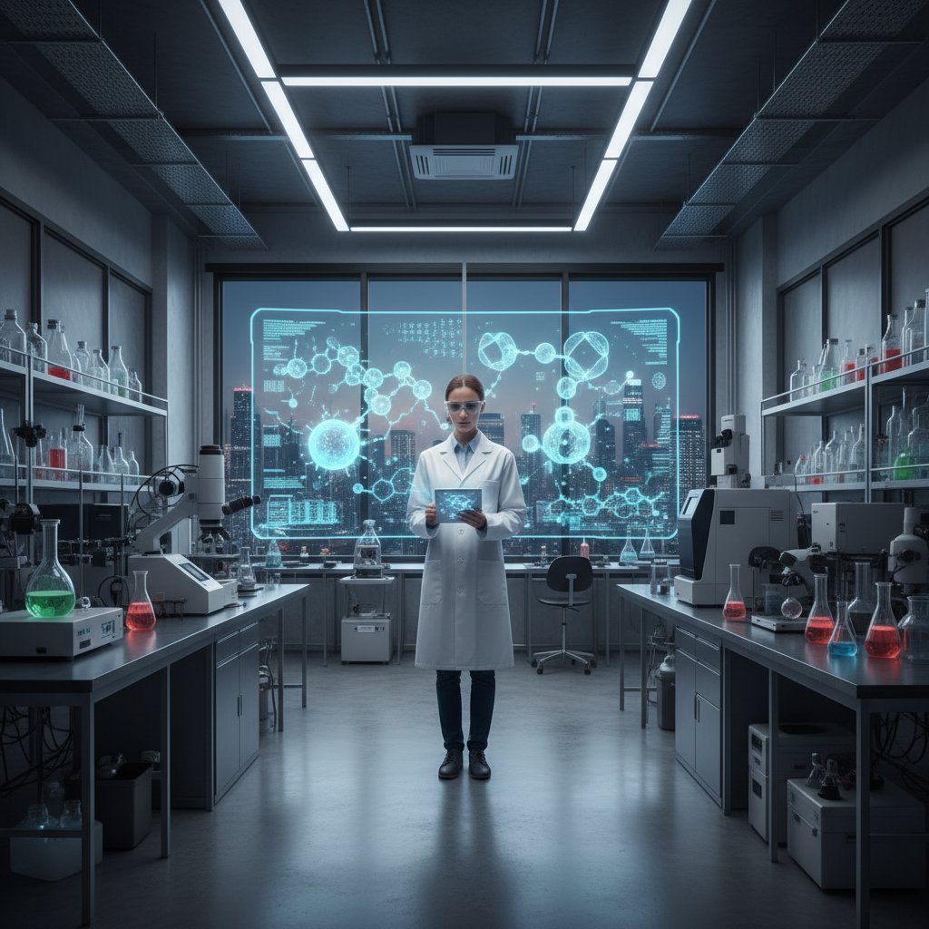 Badania nad nowymi materiałami – naukowiec analizuje struktury molekularne w laboratorium