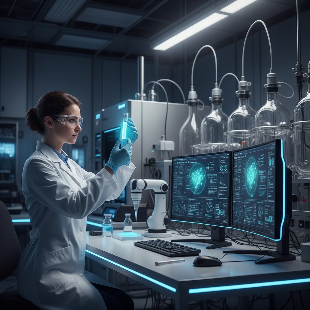 Eksperyment laboratoryjny: naukowiec analizujący próbkę RNA przy komputerze, nowoczesna biotechnologia