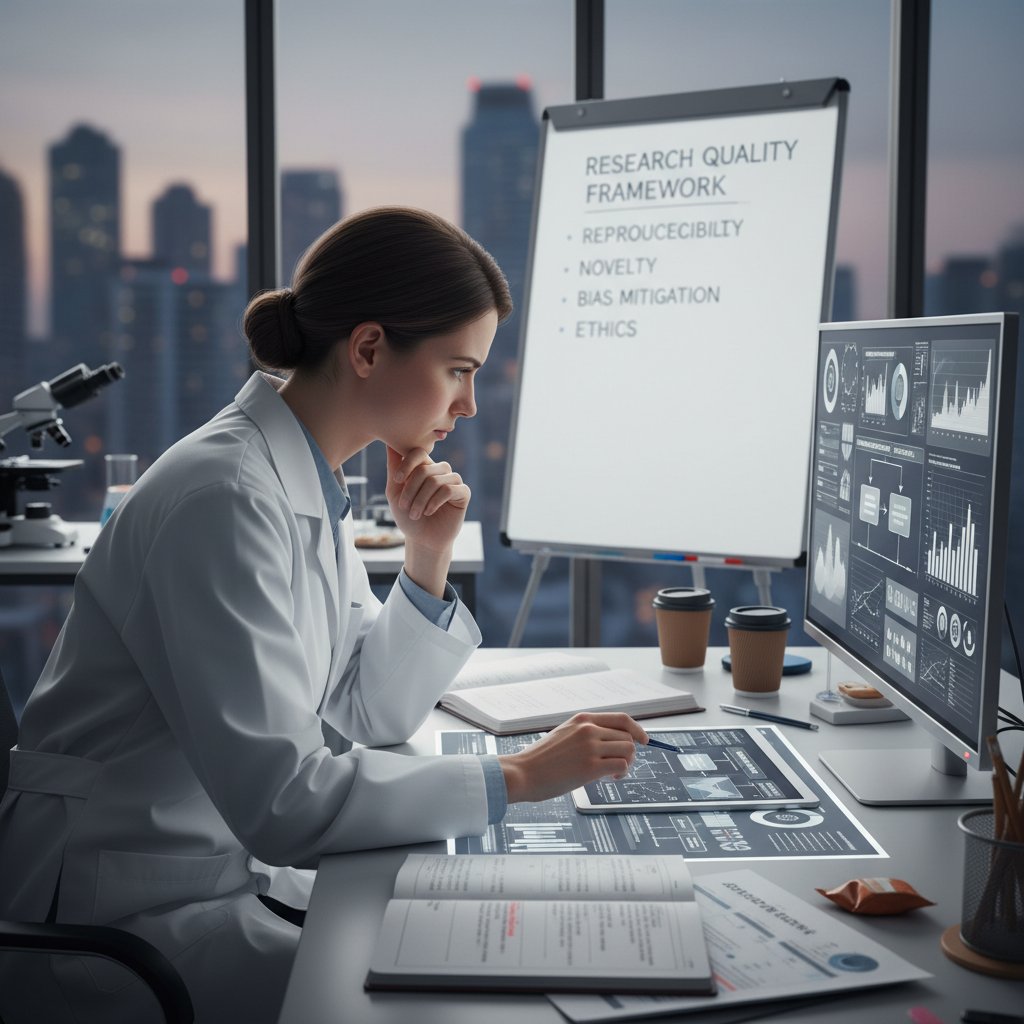 A scientist deeply analyzing lab results, using self-assessment to improve research quality