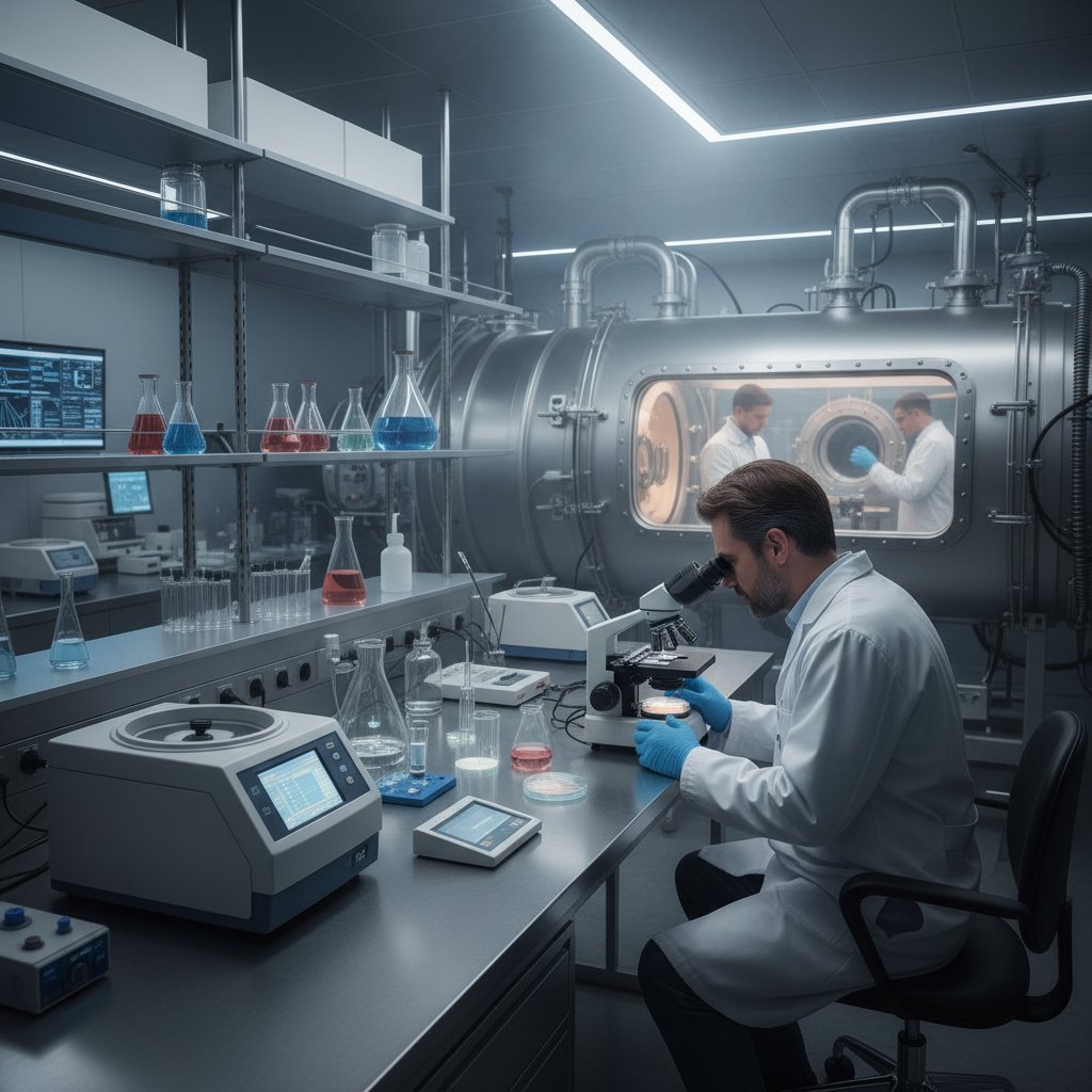 Naukowiec analizujący próbki w laboratorium, nowoczesna aparatura, komora hiperbaryczna w tle