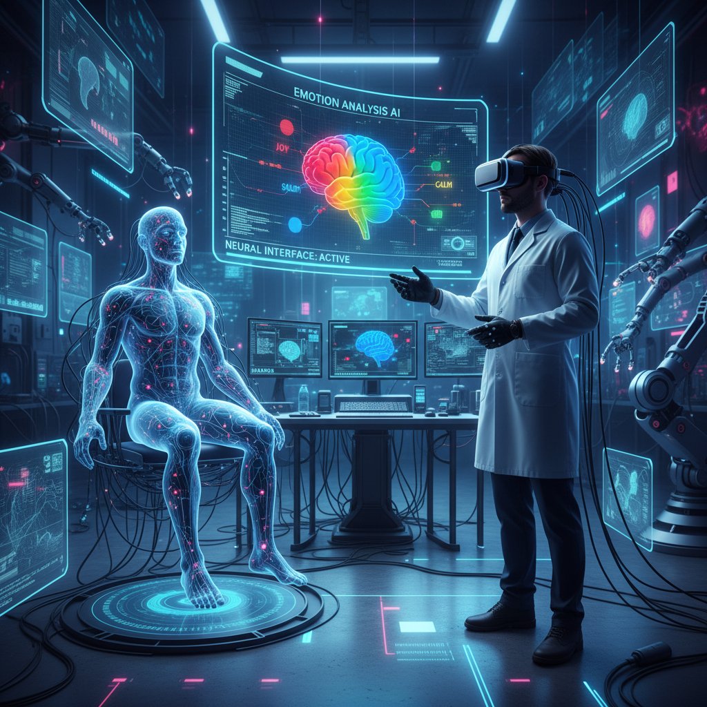 Naukowiec w laboratorium VR analizujący mózg i emocje przy pomocy AI