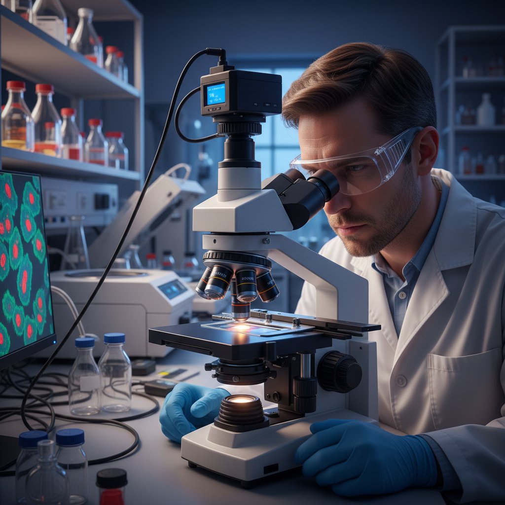 Naukowiec analizujący próbki krwi pod mikroskopem, komórki odpornościowe w akcji