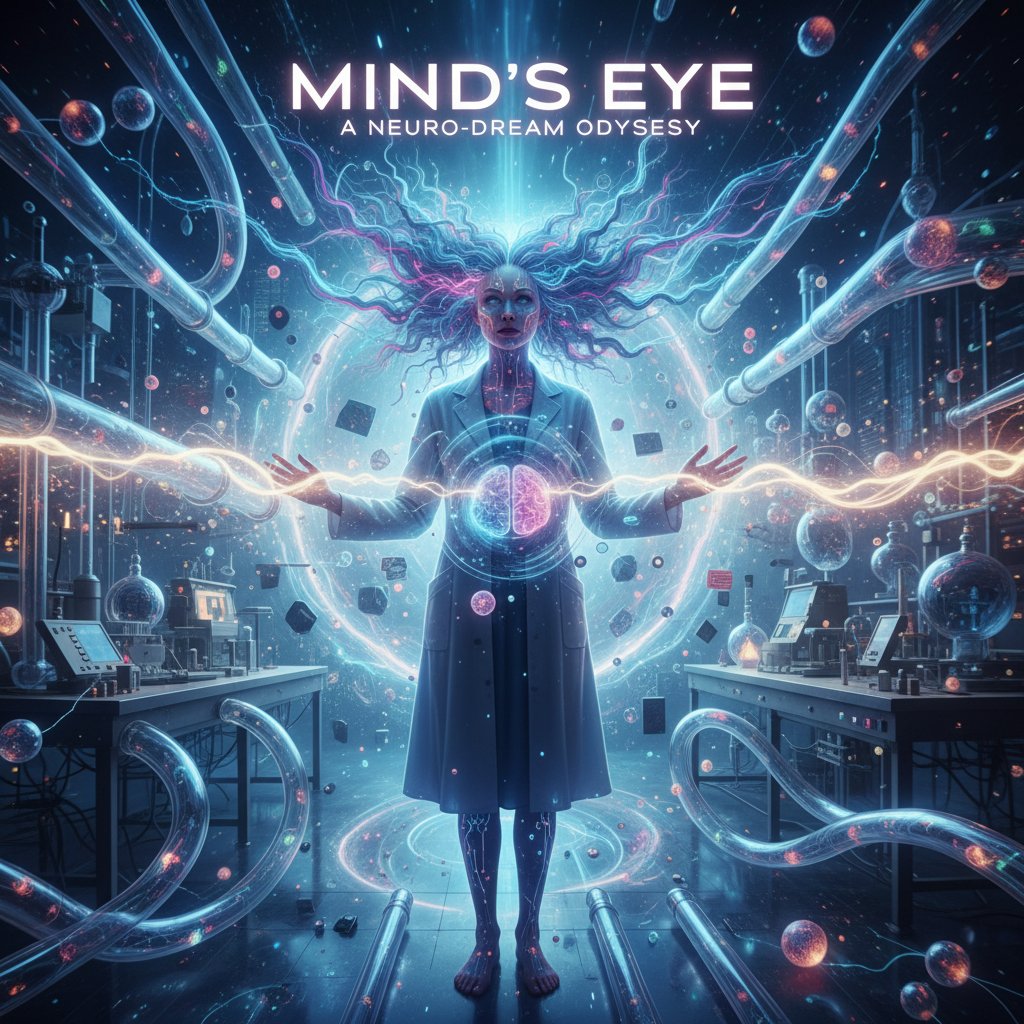 Scientist watching a surreal movie in a lab setting, researcher studying brainwaves during dreamlike film