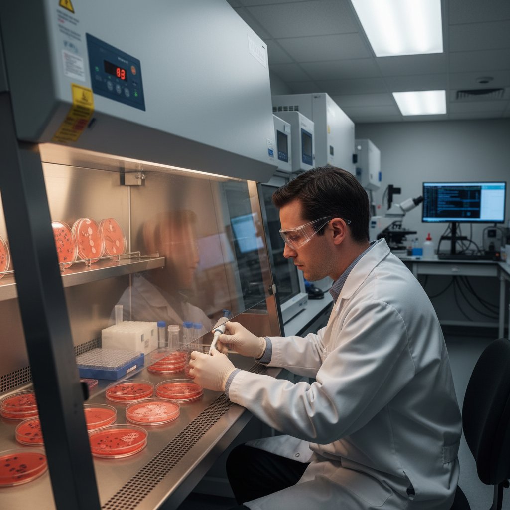 Naukowiec badający komórki oka w nowoczesnym laboratorium, symbolizujący badania nad nowymi terapiami