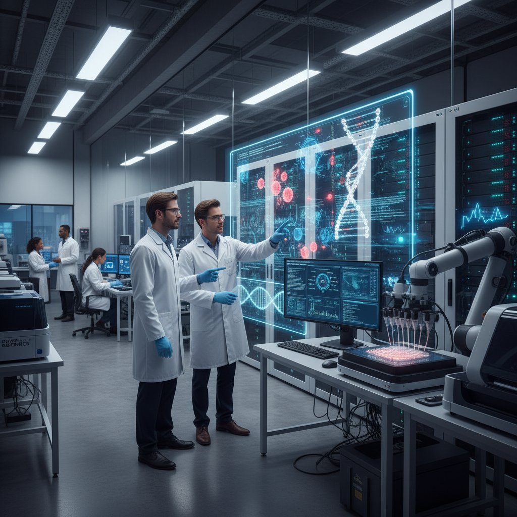 Zespół naukowców analizujący dane genetyczne na ekranach komputerów w nowoczesnym laboratorium
