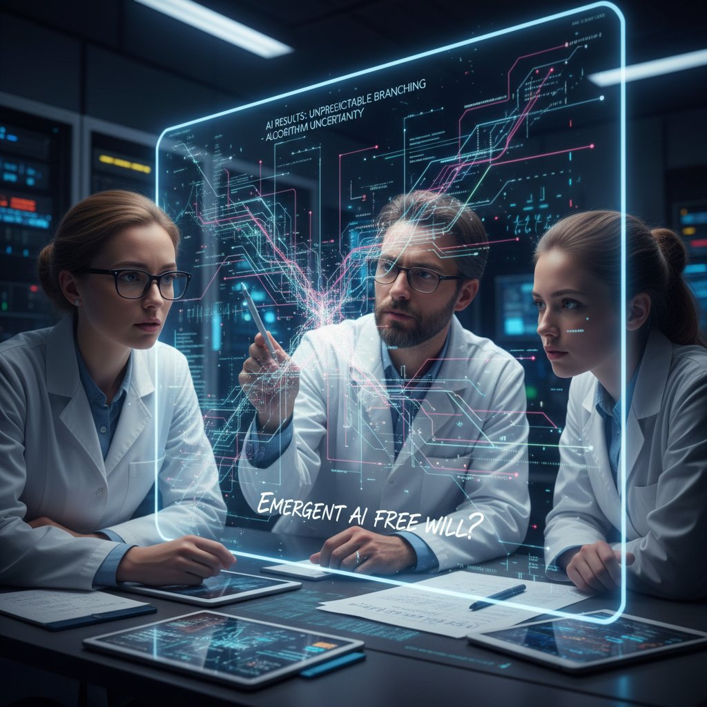 Grupa naukowców analizująca wyniki działania AI na wielkim ekranie, nieprzewidywalność algorytmów, wolna wola AI