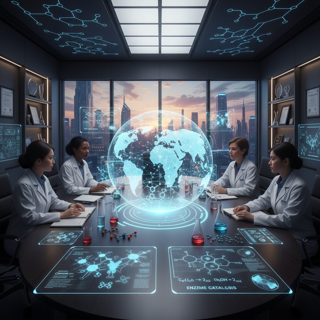 Zdjęcie naukowców podczas dyskusji przy stole konferencyjnym, na ścianie mapa świata z naniesionymi rejonami badań nad enzymami