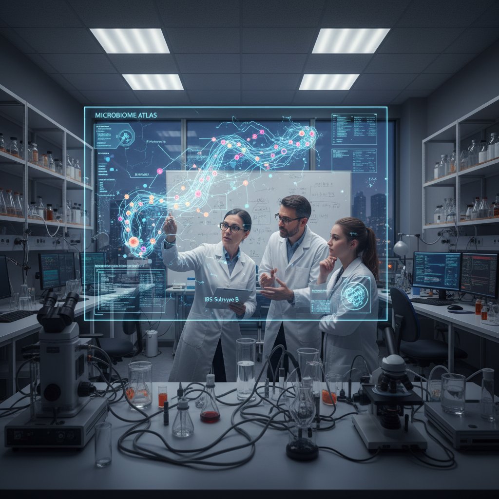 Zespół naukowców dyskutuje przy stole, na ekranie mapa mikrobiomu, cyfrowe dane, nowoczesne laboratorium