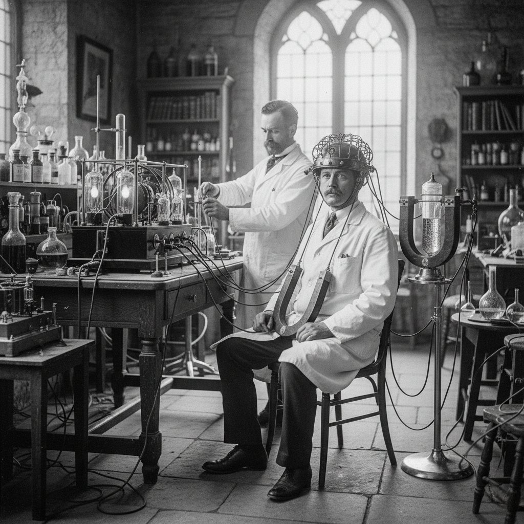 Stara fotografia naukowców w laboratorium testujących urządzenia do magnetoterapii w latach 50.