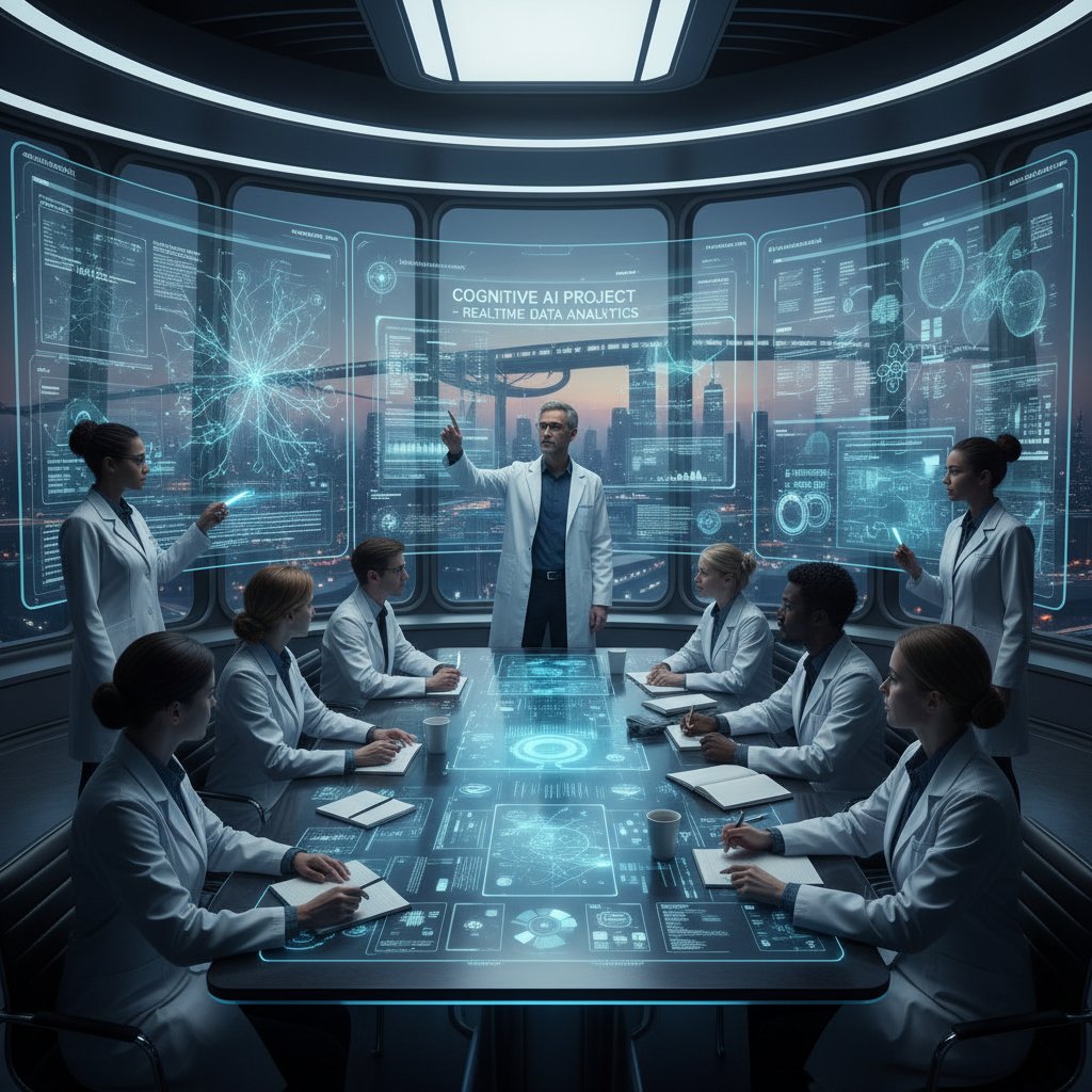 Grupa naukowców analizujących dane AI na dużym ekranie