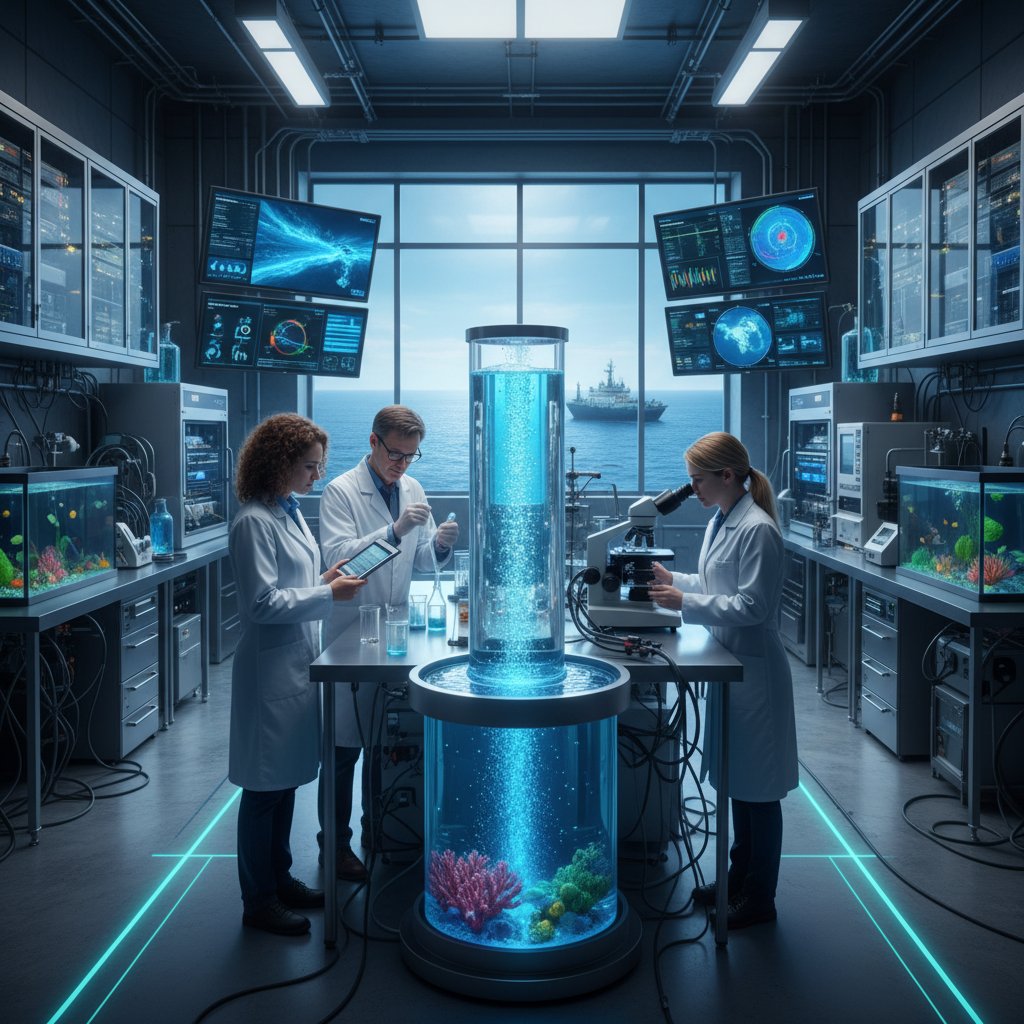 Naukowcy analizujący zmiany klimatu na oceanie, laboratorium badawcze