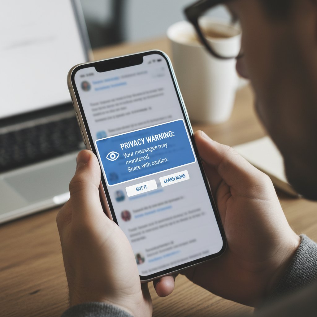Zbliżenie na ekran z ostrzeżeniem o prywatności podczas rozmowy online