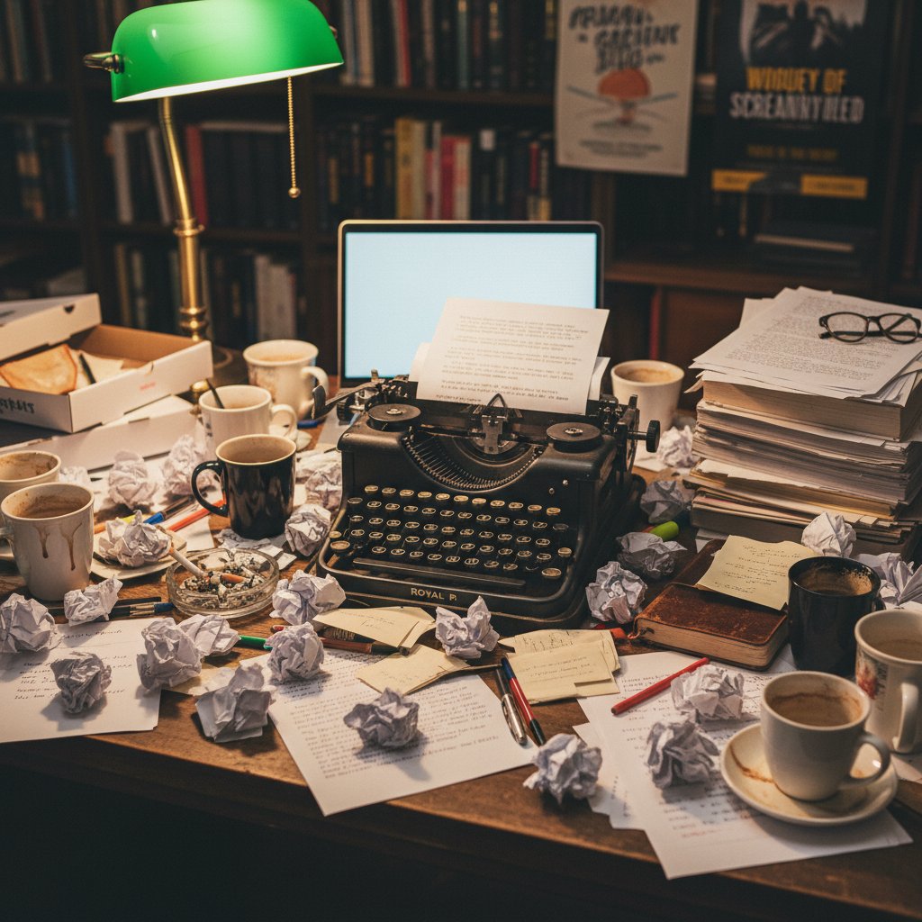 Greta Gerwig’s creative process visualized: desk with notes, coffee cups, vintage typewriter