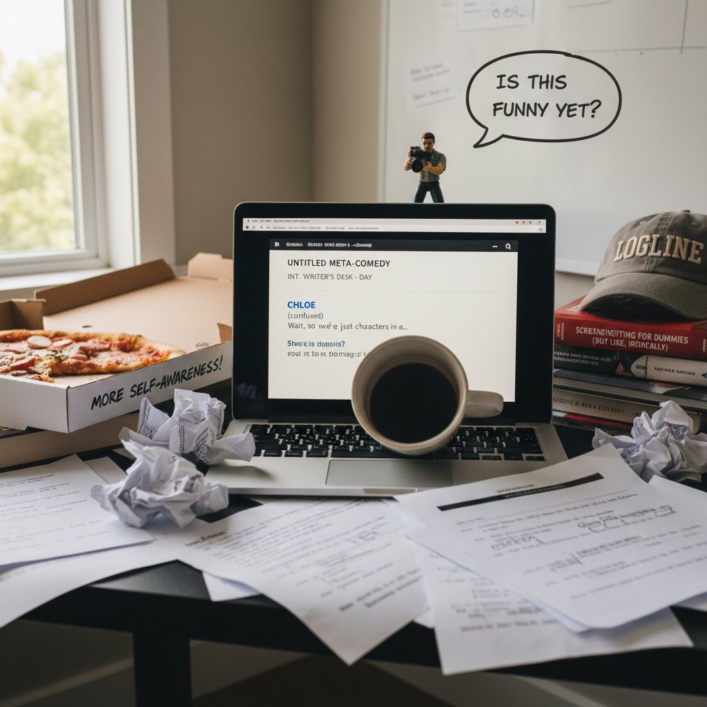 Screenwriter’s desk cluttered with notes and scribbled script pages, meta comedy writing process