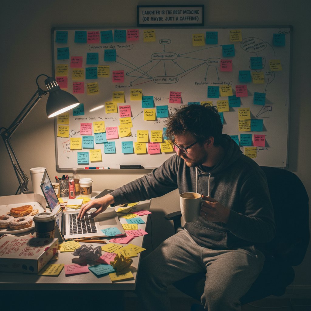 Scriptwriter planning witty comedy dialogue, surrounded by coffee cups and sticky notes, brainstorming lines for a sharp dialogue-driven film