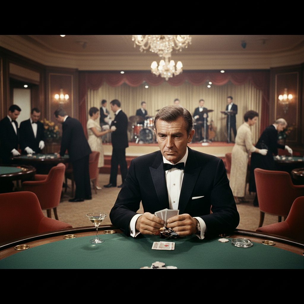 Sean Connery as James Bond in 1960s casino scene, tuxedo, martini, vintage style