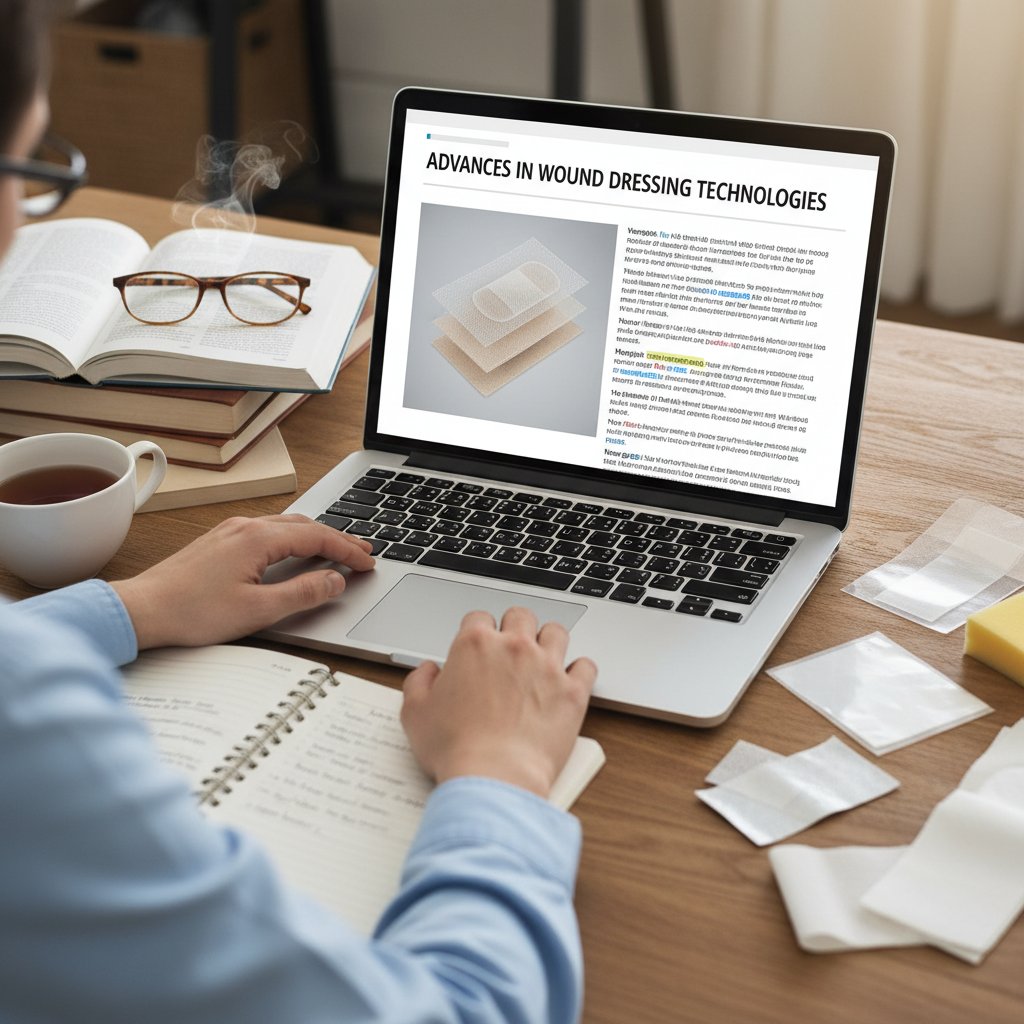 Osoba przeglądająca artykuły medyczne na laptopie w poszukiwaniu informacji o zmianie opatrunku