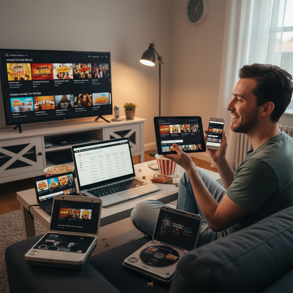 Person searching for unedited comedy movies on various screens, comparing streaming platforms and physical media