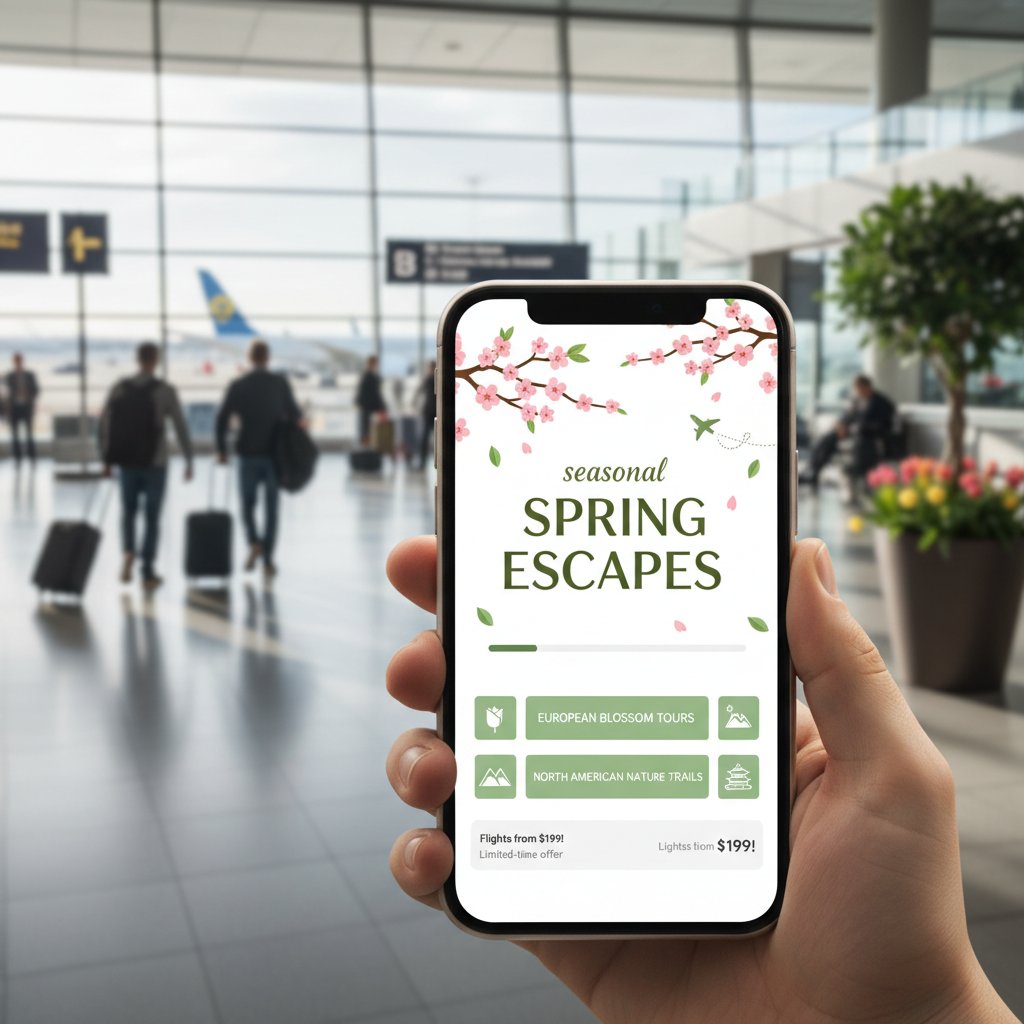 Travelers at airport checking seasonal flight promotions on mobile devices against backdrop of spring flowers
