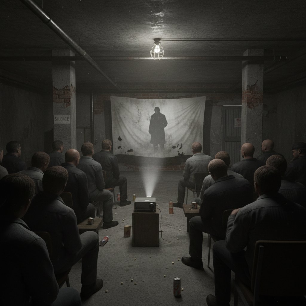 Underground banned movie screening in a tense, dimly lit basement.