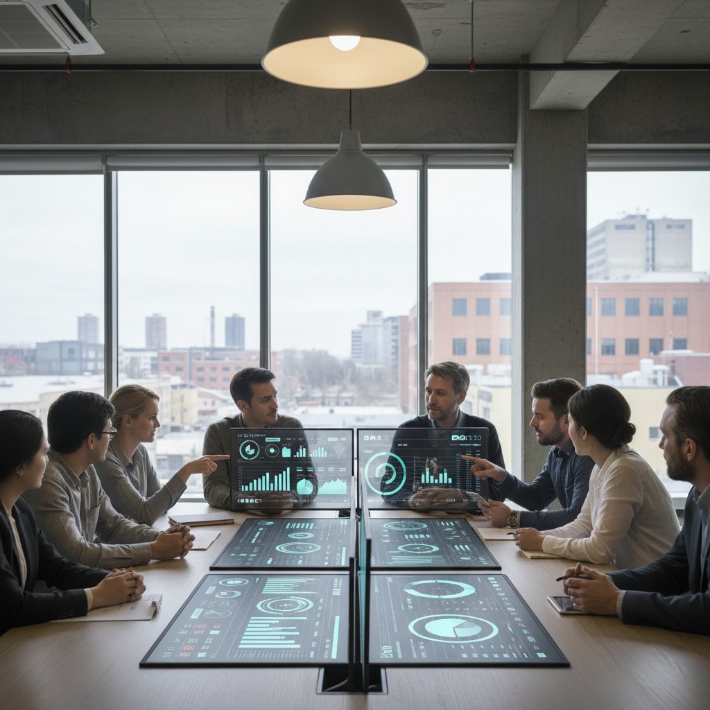 Photo of professionals from healthcare, finance, tech and marketing using integrated dashboards in sector-specific contexts