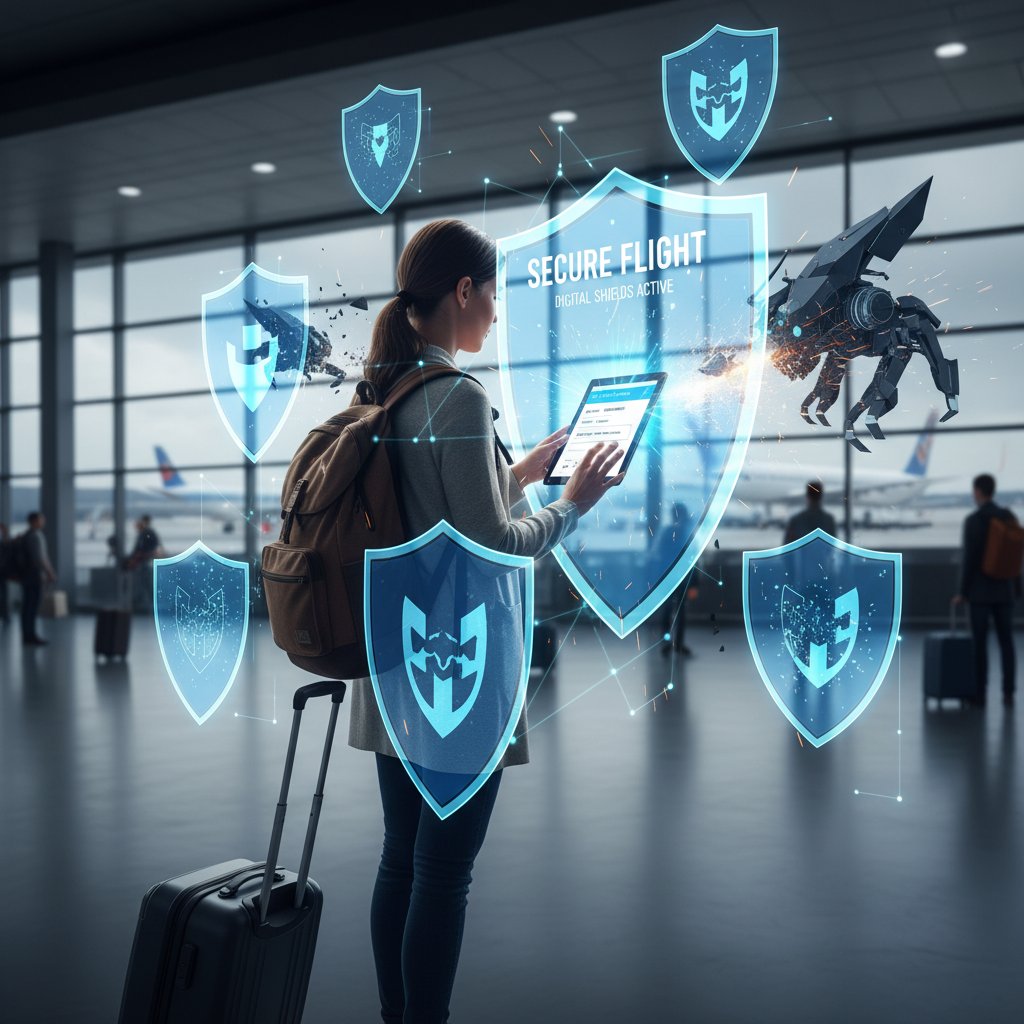 Traveler at laptop surrounded by digital threats and security shields in airport setting