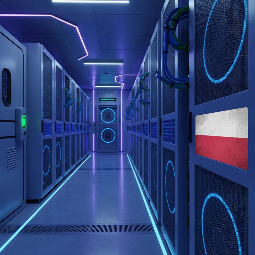 Bezpieczna serwerownia z polską flagą, ochrona danych w analizie sprzedaży