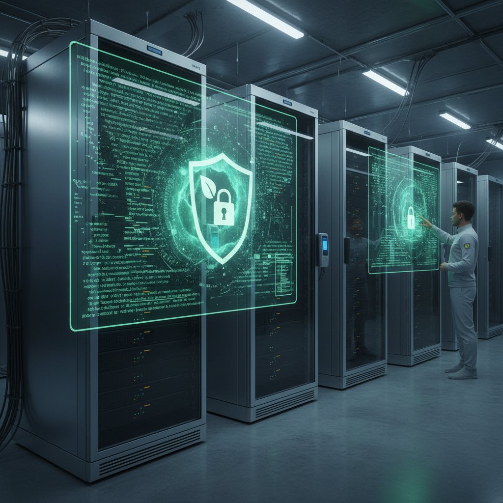 Zbliżenie na zabezpieczone serwery z kodem AI, symbolizujące ochronę danych i compliance