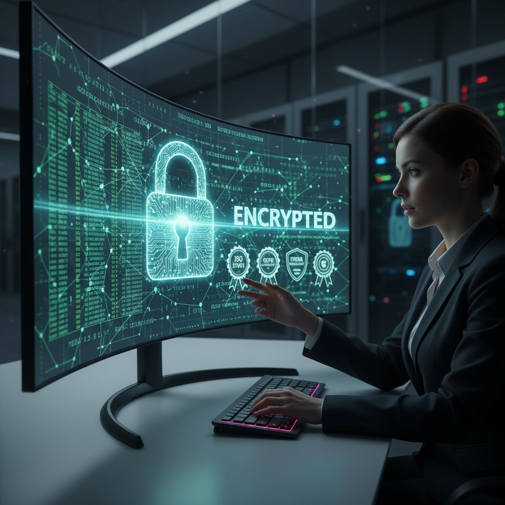 Security-focused financial analyst reviewing encrypted dashboard, lock icon superimposed, compliance certificates visible